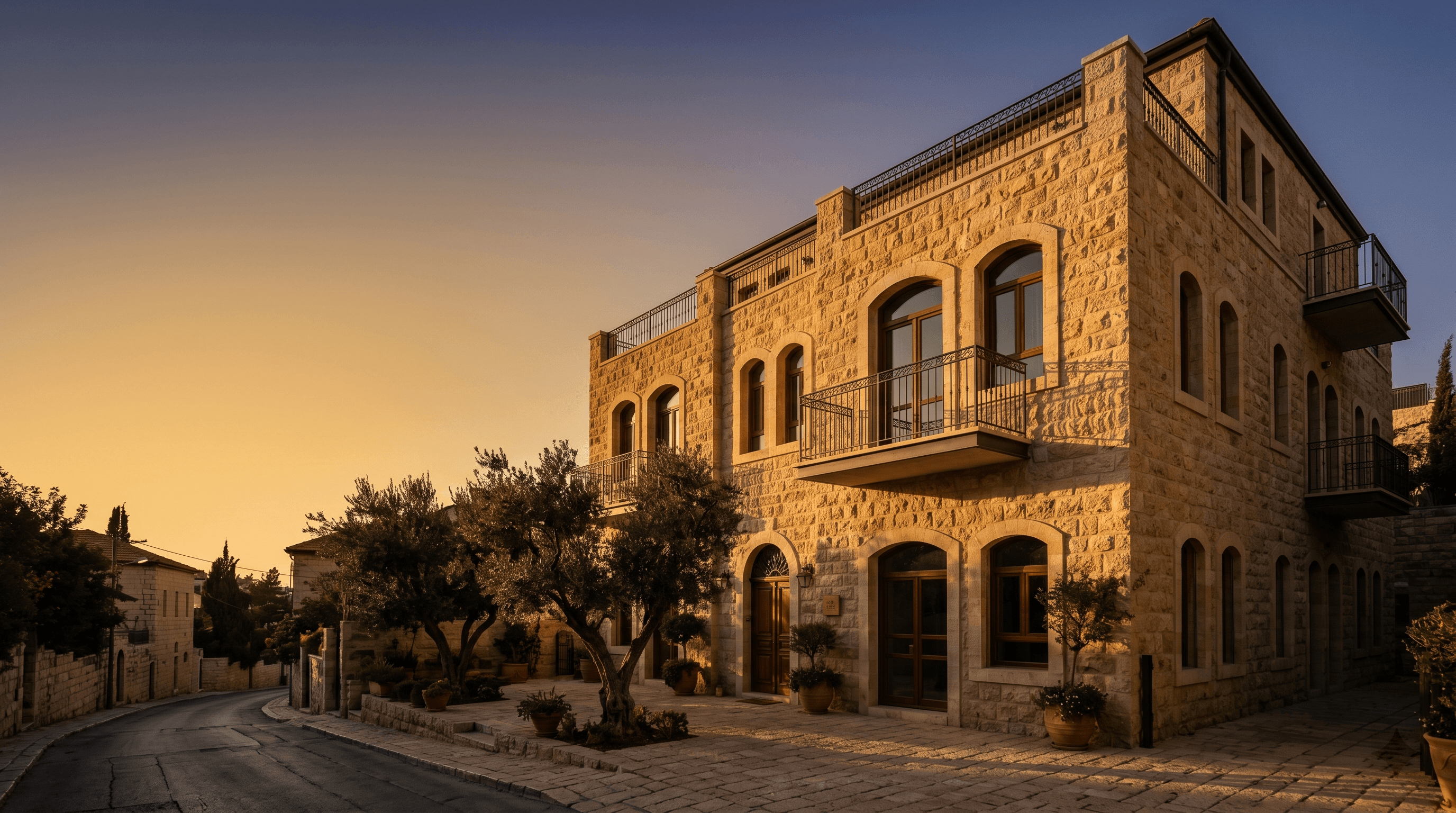 Jerusalem stone villa exterior at golden hour, photographed by Terra Firma Israel for foreign-buyer due diligence