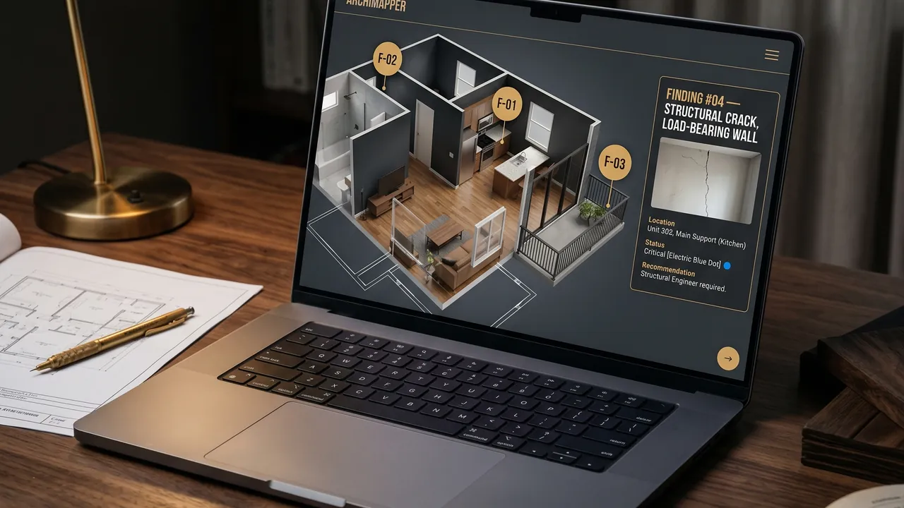 360° HD digital-twin walkthrough preview rendered on a laptop — Terra Firma Israel Premium deliverable