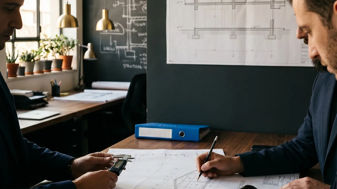 Registered Israeli building engineers reviewing structural detail on site