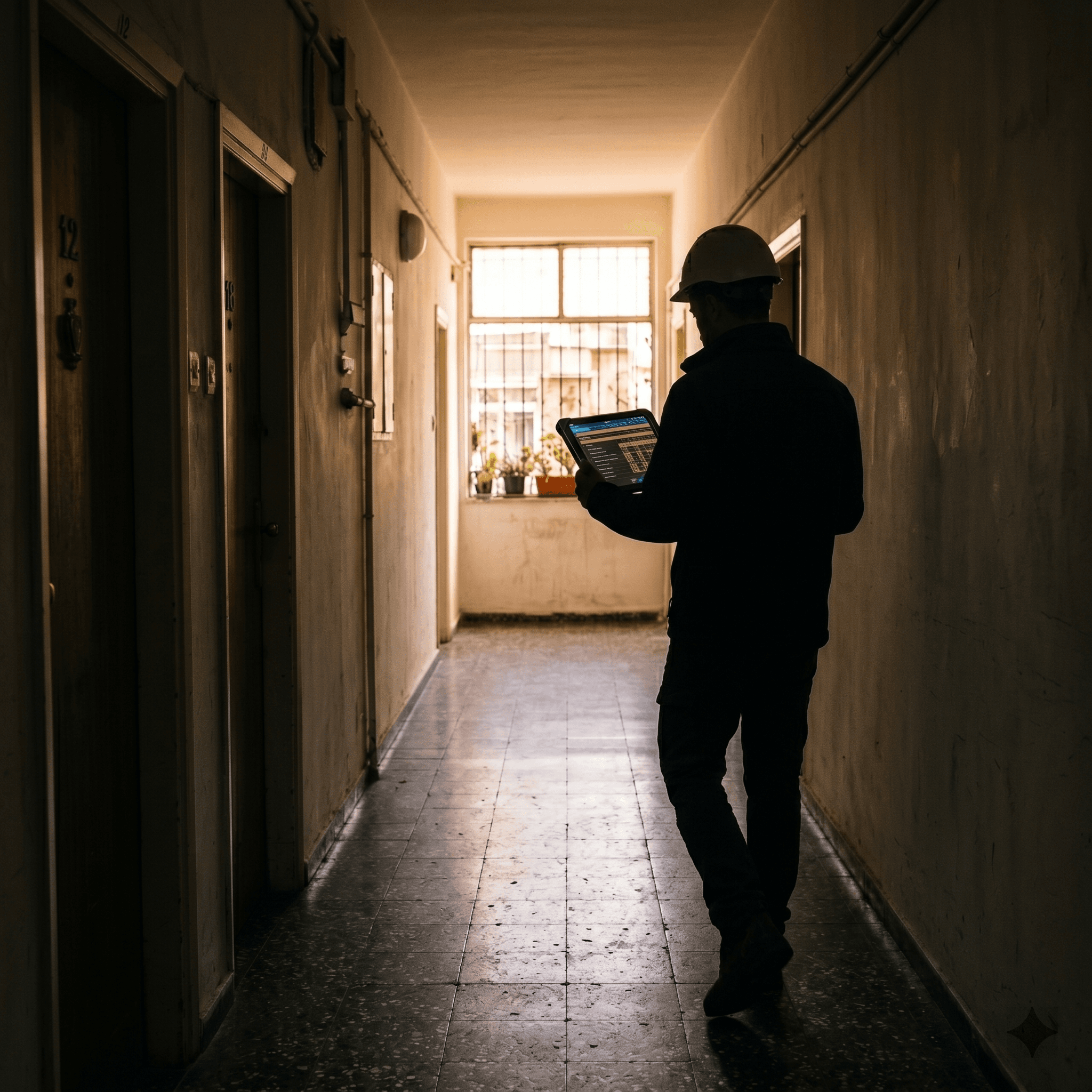 Registered Israeli engineer reviewing a Terra Firma inspection report on a tablet during a property walkthrough