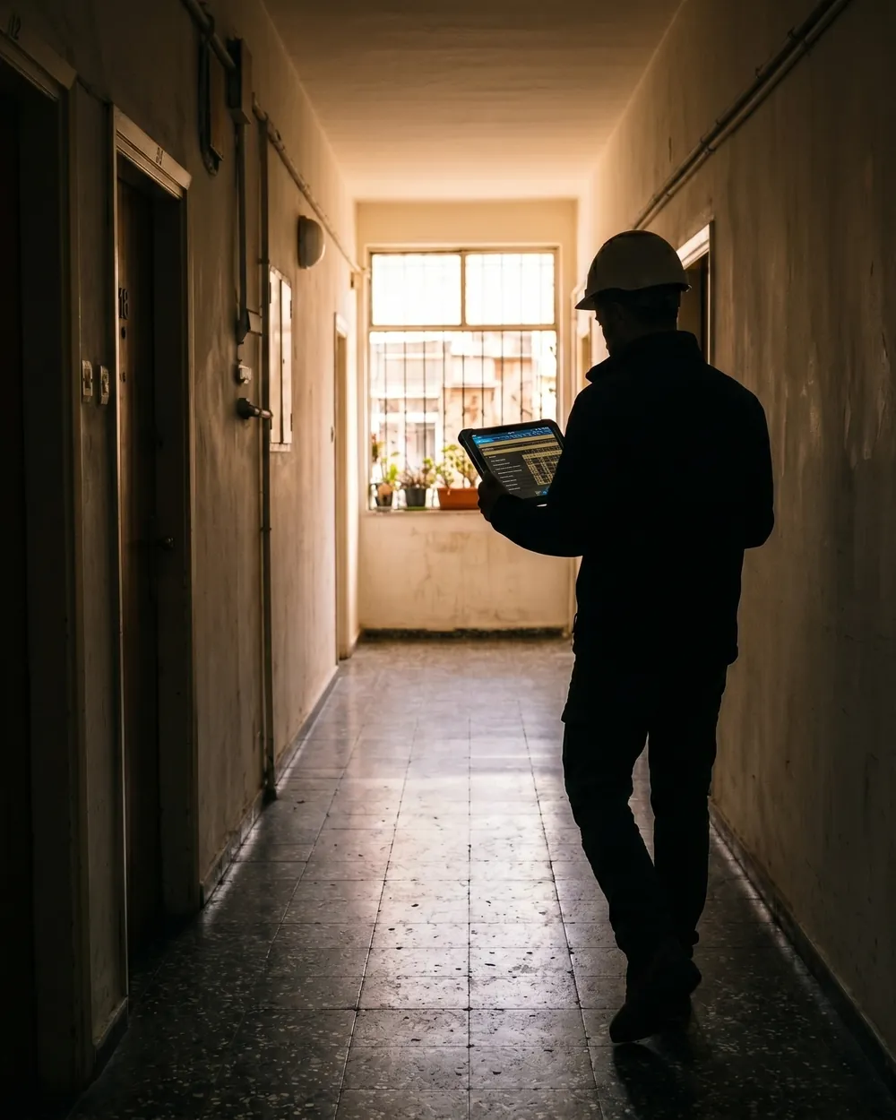 Registered Israeli engineer reviewing a Terra Firma inspection report on a tablet during a property walkthrough
